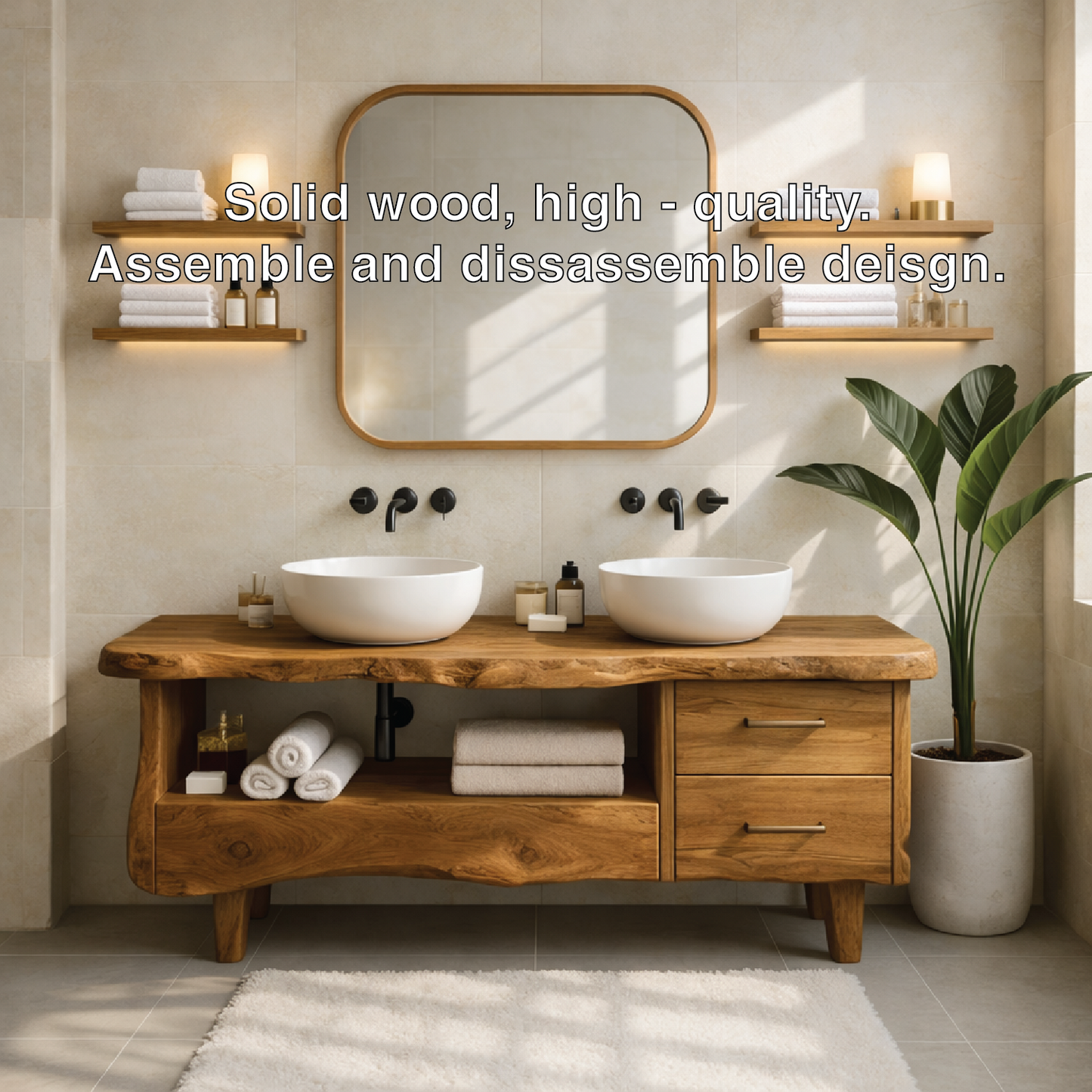 Rustic Double Bathroom Vanity Cabinet With Live Edge Wood Top And Drawers Kitchnce