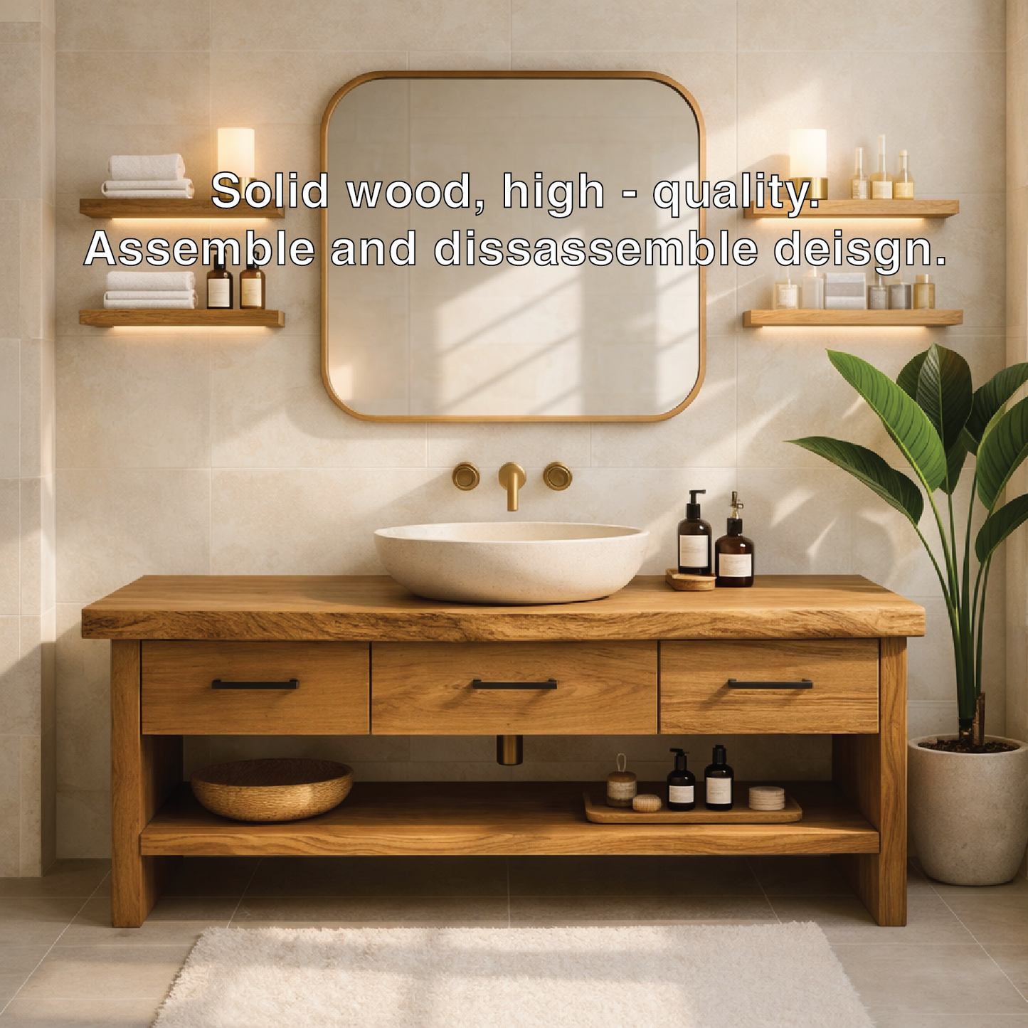 Modern Rustic Solid Wood Bathroom Vanity Cabinet With Drawers And Open Shelf Kitchnce