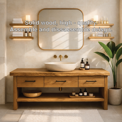 Modern Rustic Solid Wood Bathroom Vanity Cabinet With Drawers And Open Shelf Kitchnce