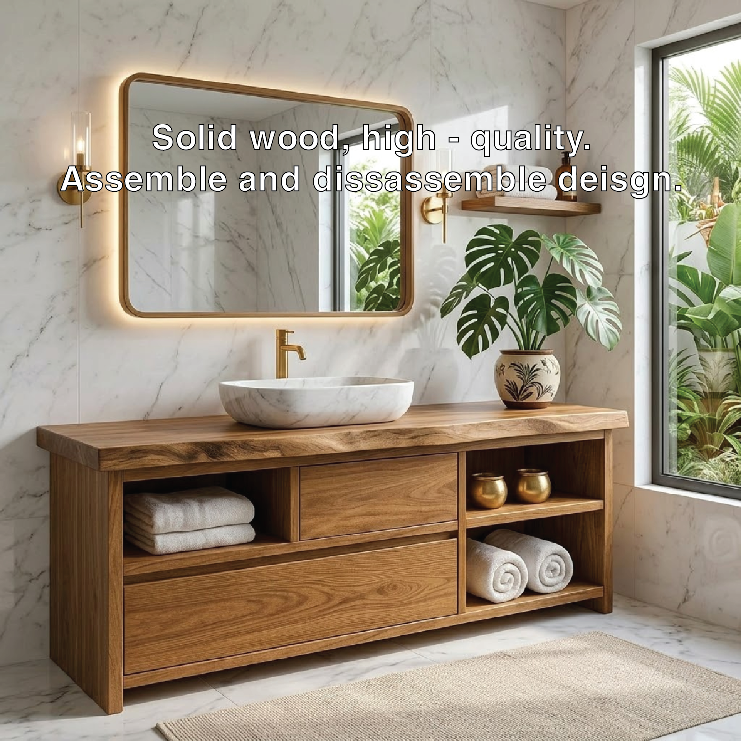 Elegant Wooden Bathroom Vanity with Marble Sink and LED Mirror Kitchnce