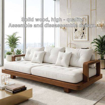 Modern Minimalist Solid Wood Sofa with White Tufted Cushions Zen Living Room Couch