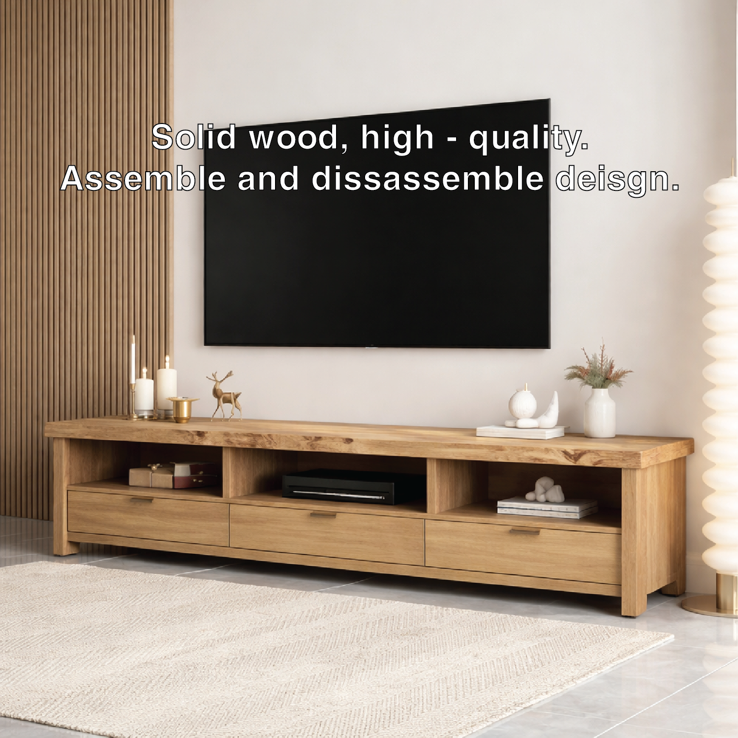 Mid Century Solid Wood TV Stand Long Media Console Storage Entertainment Cabinet Kitchnce