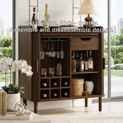Elegant Modern Wooden Bar Cabinet, Fluted Home-Bar Console with Wineglass Storage