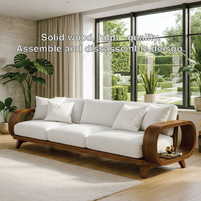 Modern Sculptural Solid Wood Sofa with White Cushions Organic Curved Designer Couch