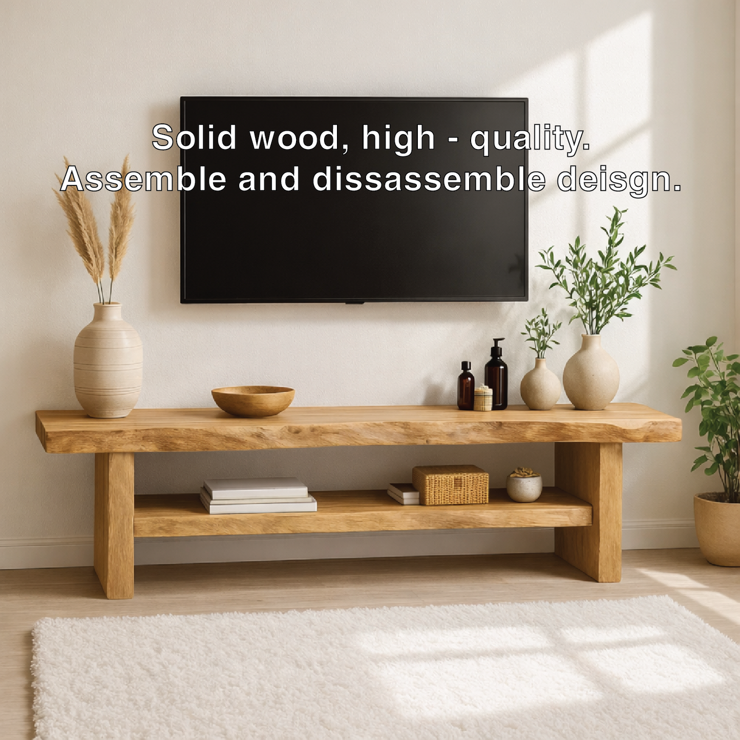Rustic Solid Wood TV Stand Long Live Edge Media Console Natural Entertainment Unit Kitchnce