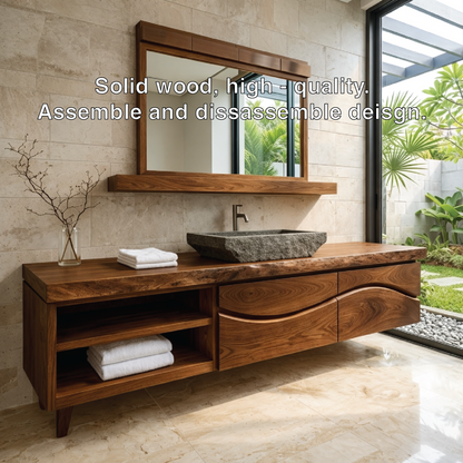 Handcrafted Solid-Wood Floating Bathroom Vanity with Stone Vessel Sink and Mirror