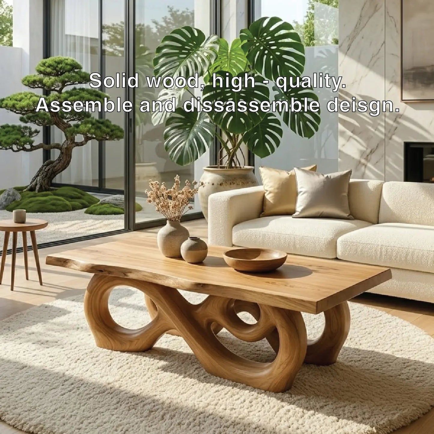 Sculptural Solid Wood Coffee Table with Artistic Carved Base, Modern Living Room Table Kitchnce