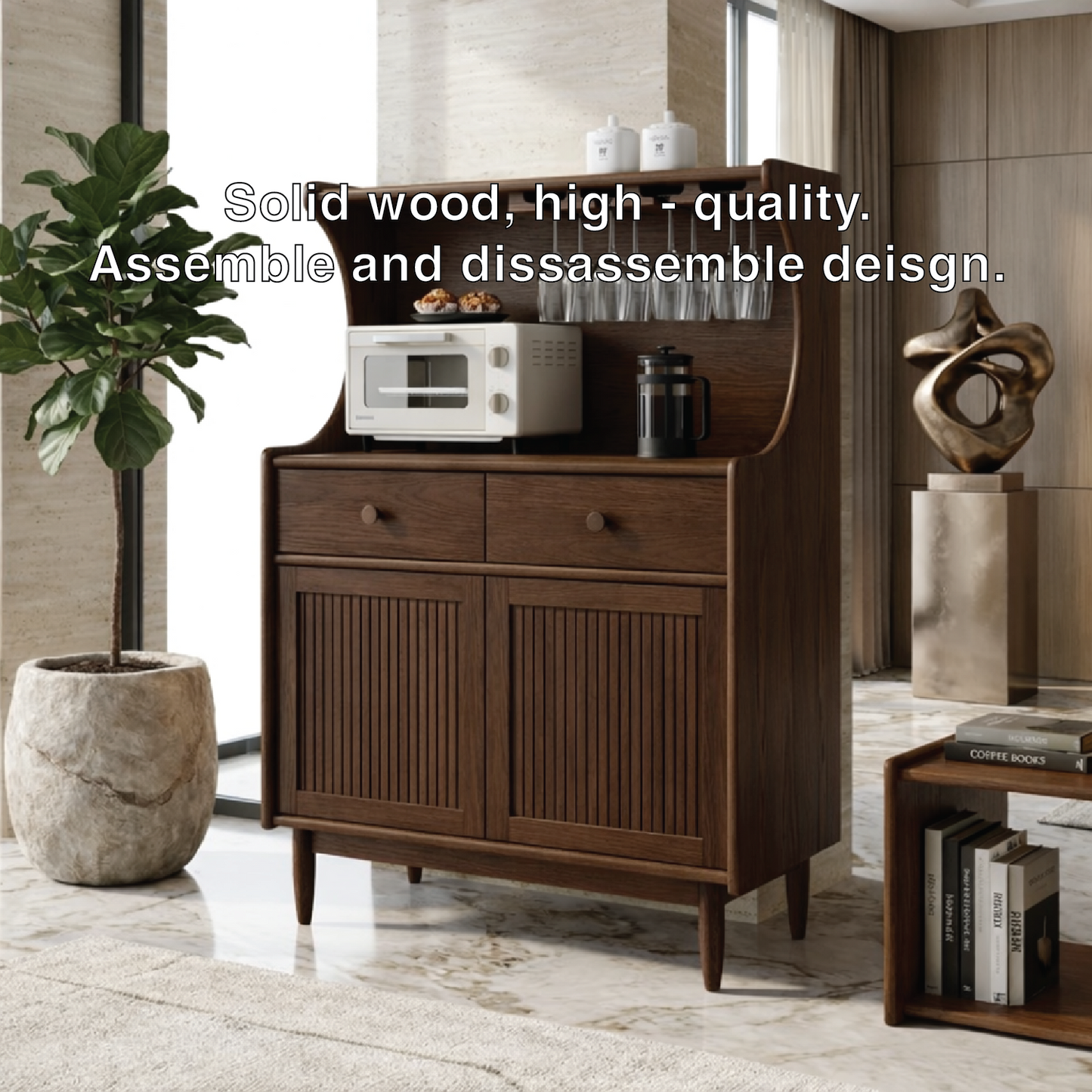 Contemporary Fluted Wooden Coffee-Bar Cabinet, Glassware Storage Entertaining Hutch