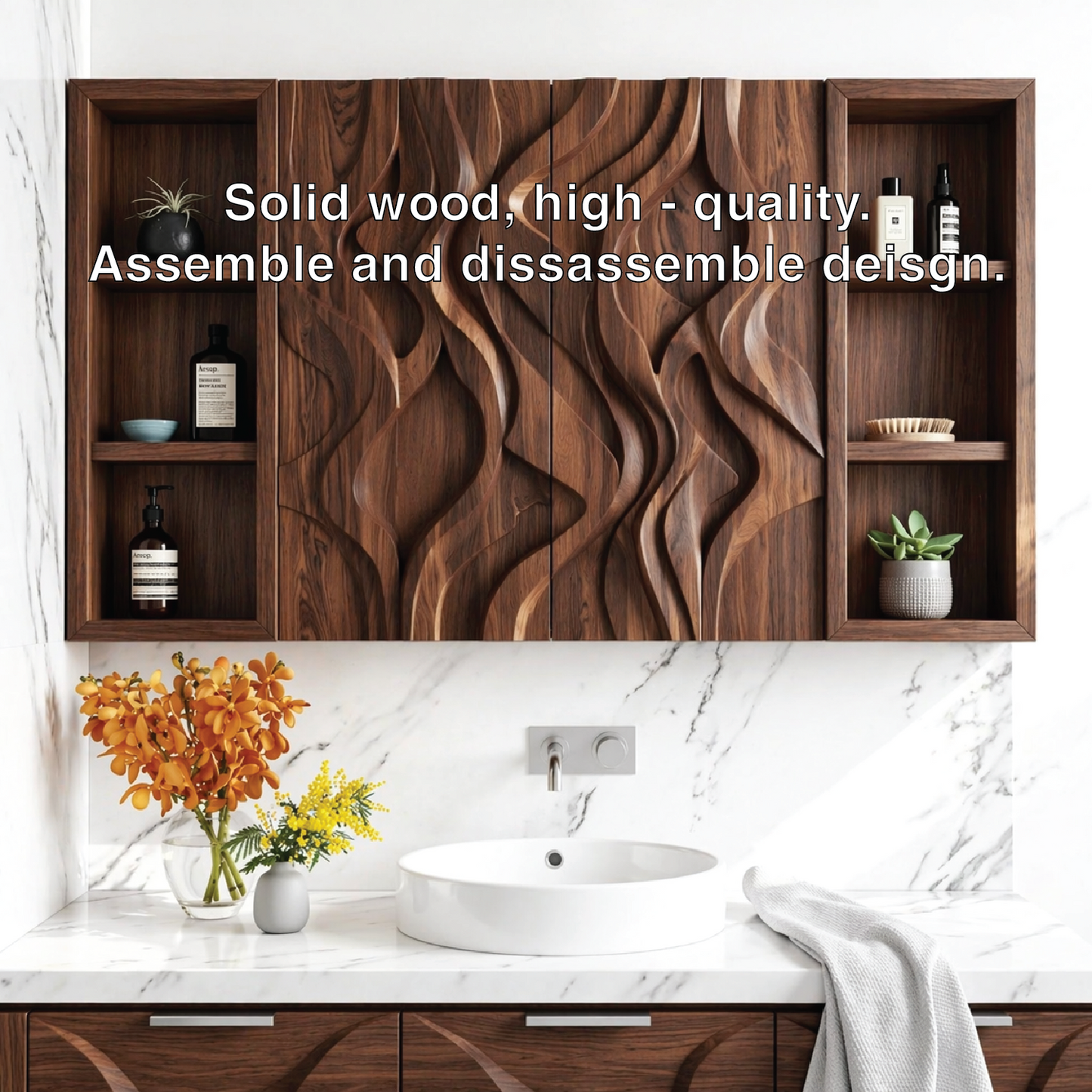 Floating Bathroom Cabinet, Carved Wall Mounted Vanity Organizer With Side Shelves