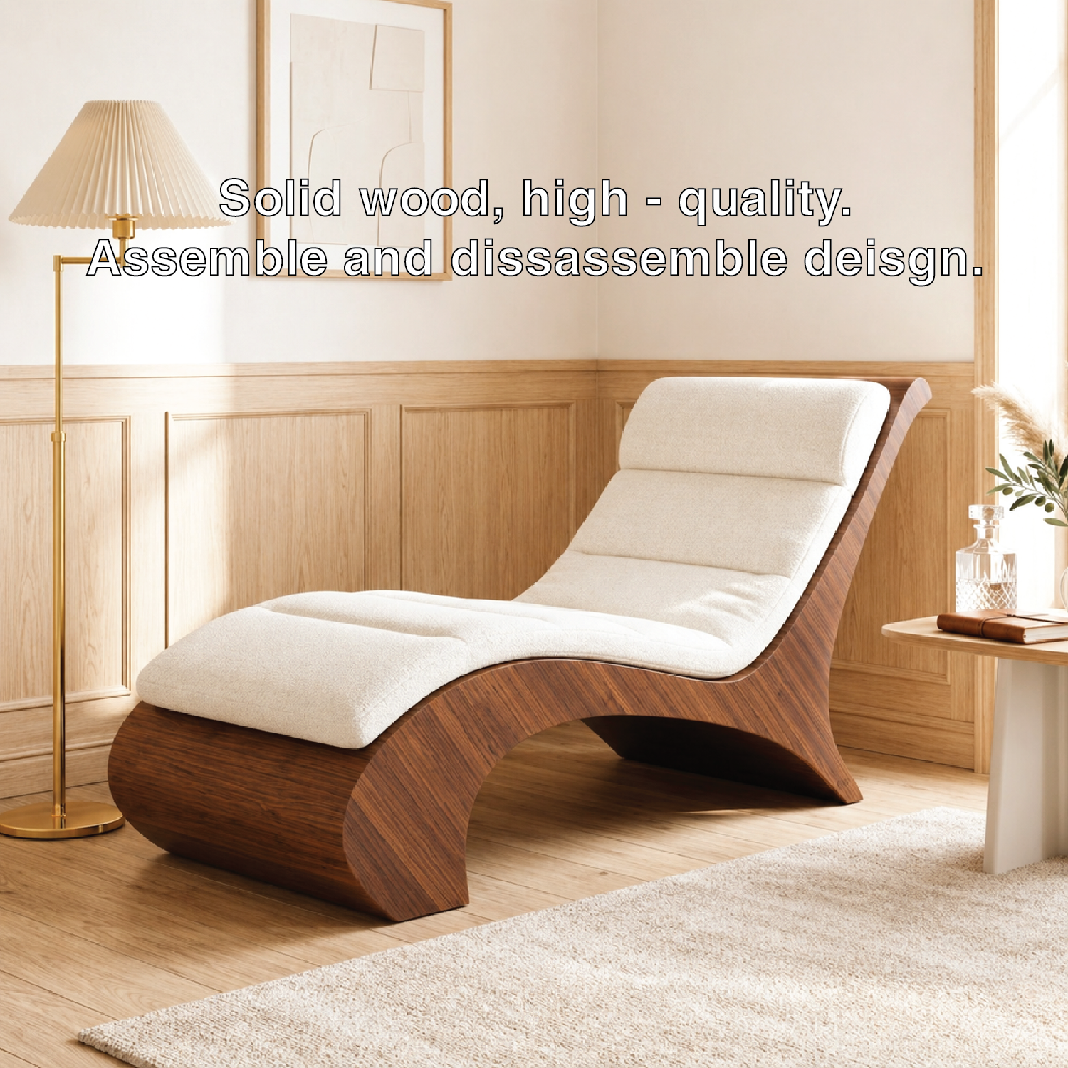 Sculptural Upholstered Chaise Lounge With Curved Frame, Cream Cushion, Reading Nook