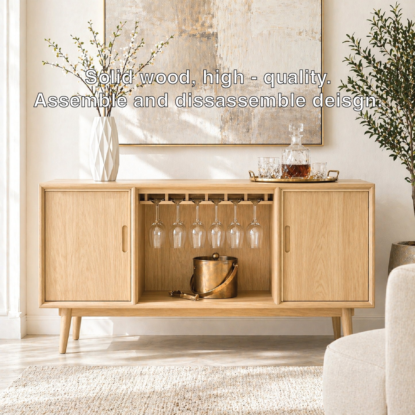 Mid Century Modern Bar Cabinet Liquor Storage Console With Glass Rack Doors