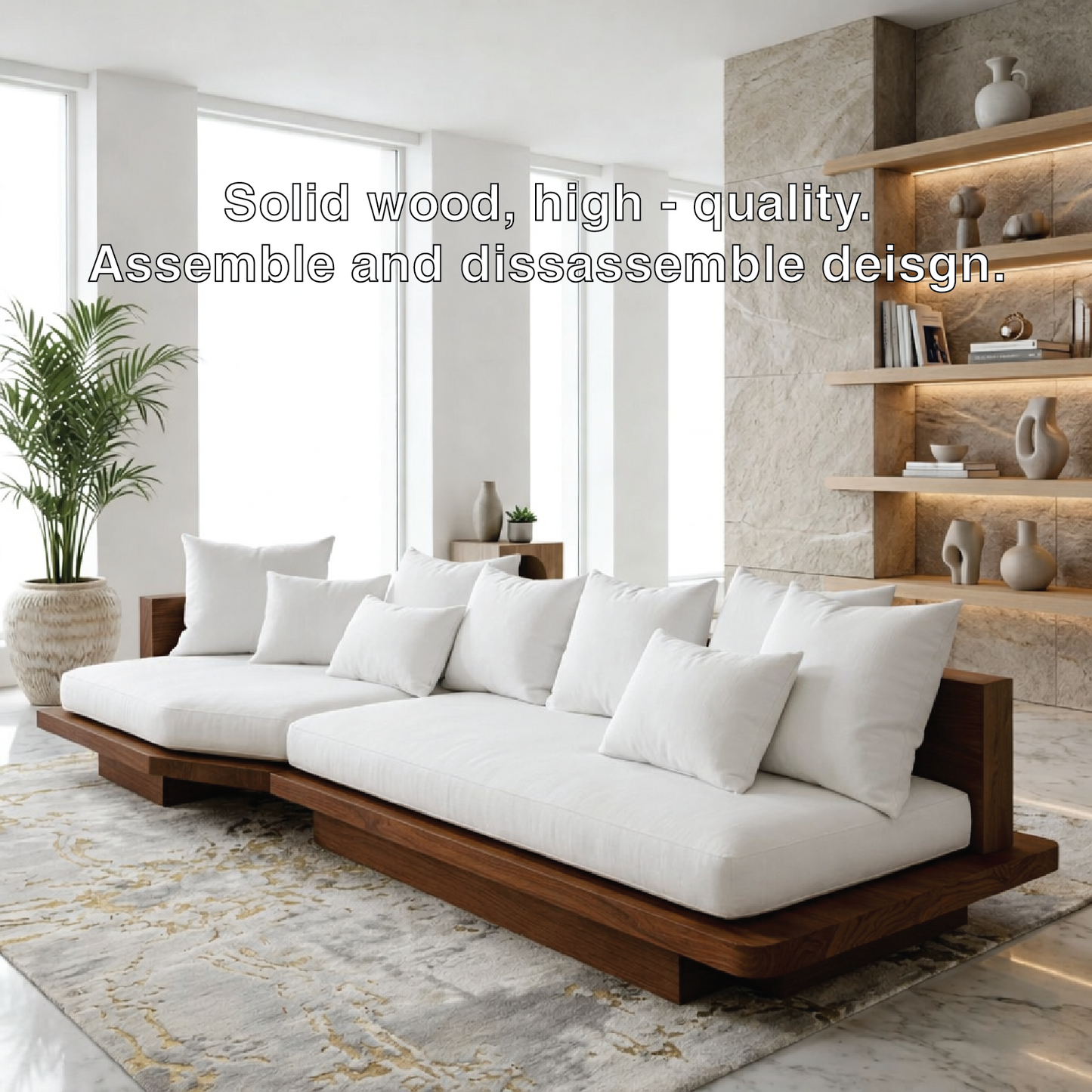 Modern Solid Wood Sofa with White Fabric Cushions Luxury Japandi Living Room Couch