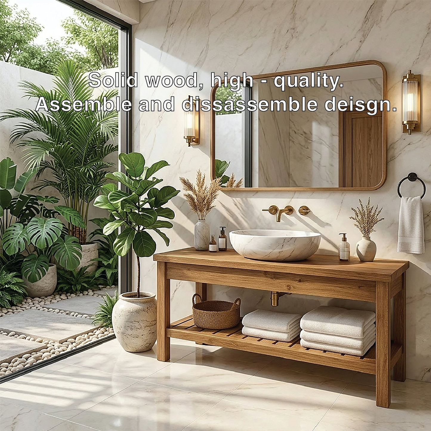 Modern Oak Bathroom Vanity with White Marble Sink and Golden Fixtures Kitchnce