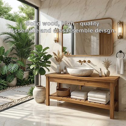 Modern Oak Bathroom Vanity with White Marble Sink and Golden Fixtures Kitchnce