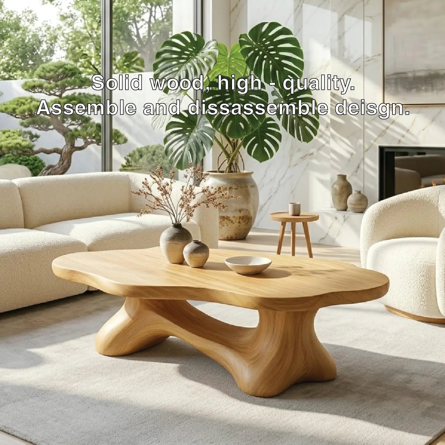 Solid Wood Sculptural Coffee Table with Organic Carved Base, Modern Designer Living Room Table Kitchnce