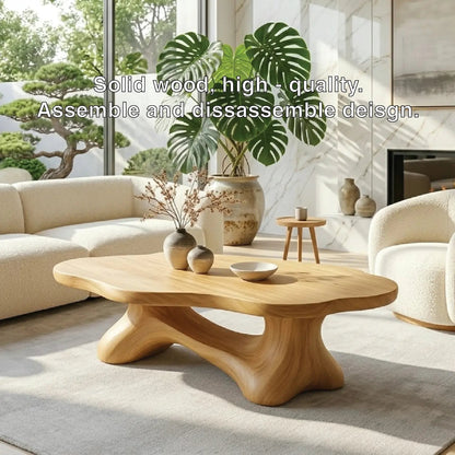 Solid Wood Sculptural Coffee Table with Organic Carved Base, Modern Designer Living Room Table Kitchnce