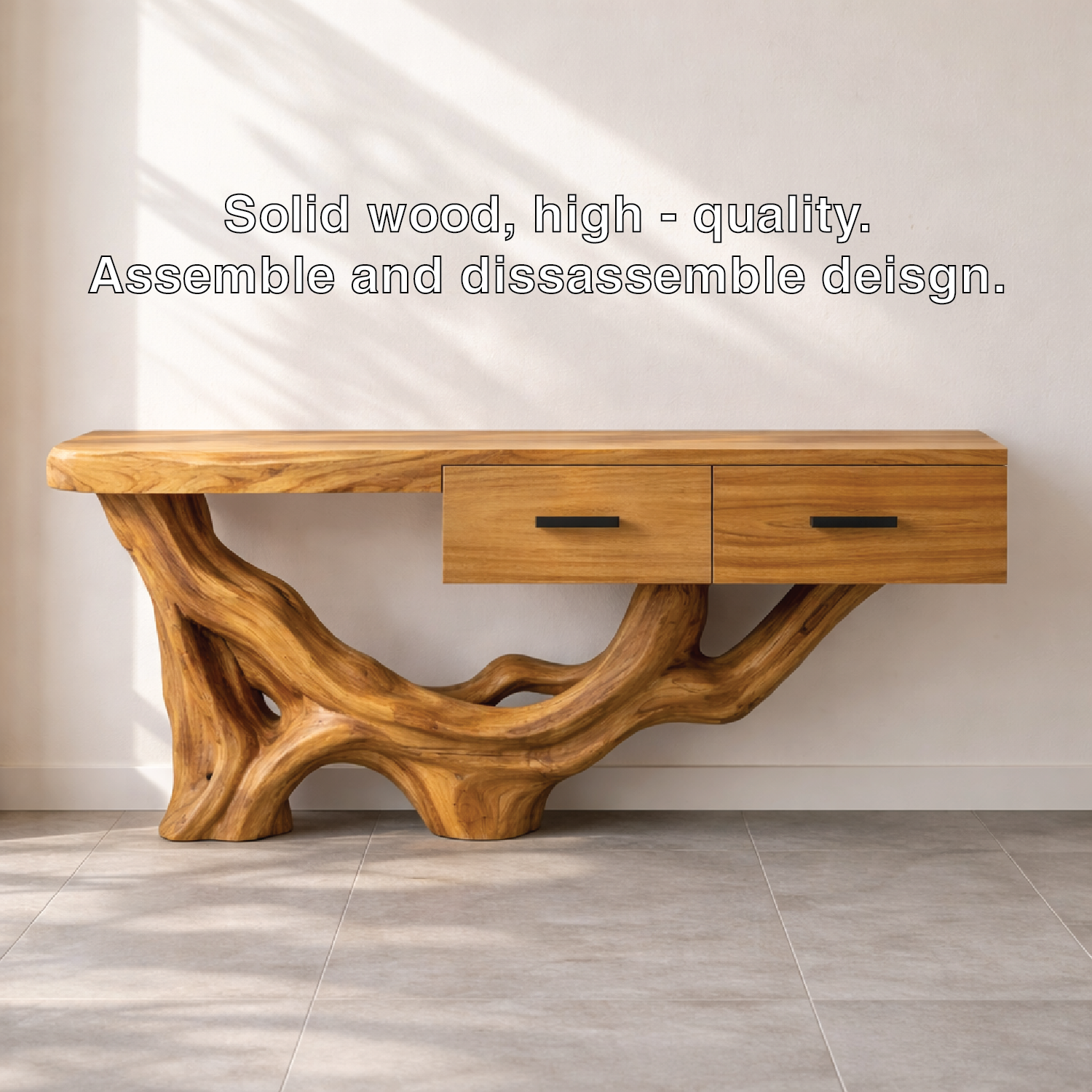 Rustic Solid Wood Console Table With Drawers, Tree Root Base Entryway Hallway Furniture Kitchnce
