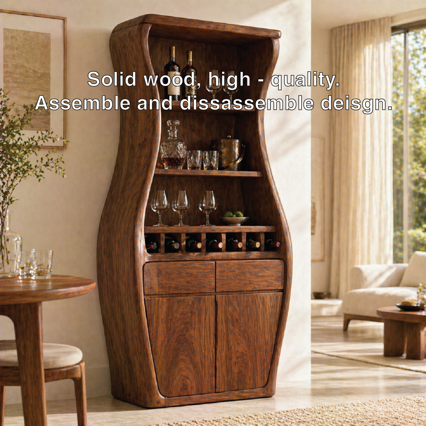 Sculptural Tall Wine Cabinet Bar Storage Bottle Rack Shelves Drawer Organizer