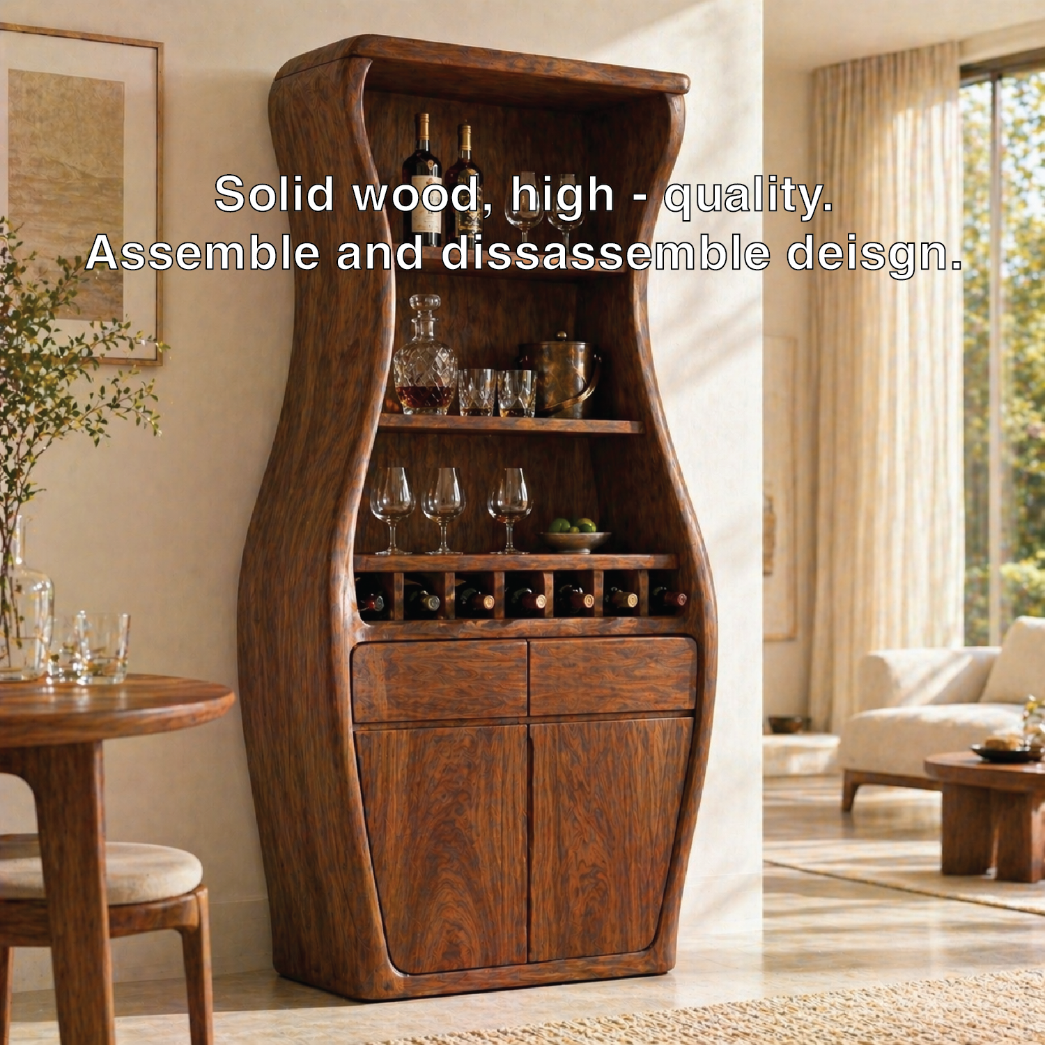 Sculptural Tall Wine Cabinet Bar Storage Bottle Rack Shelves Drawer Organizer