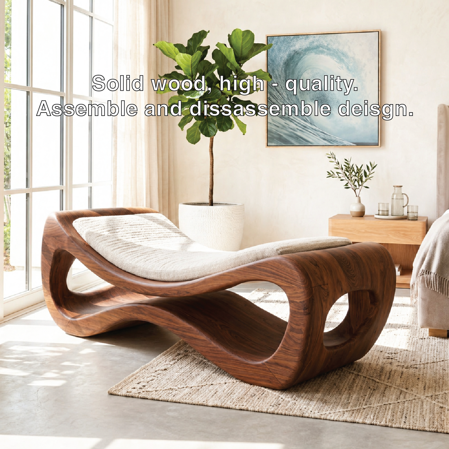 Sculptural Upholstered Daybed Organic Cutout Frame, Cream Cushion Lounger