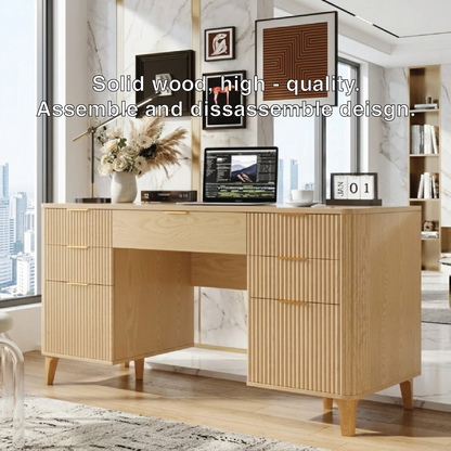 Modern Fluted Executive Desk with Drawers, Large Minimalist Home Office Writing Table