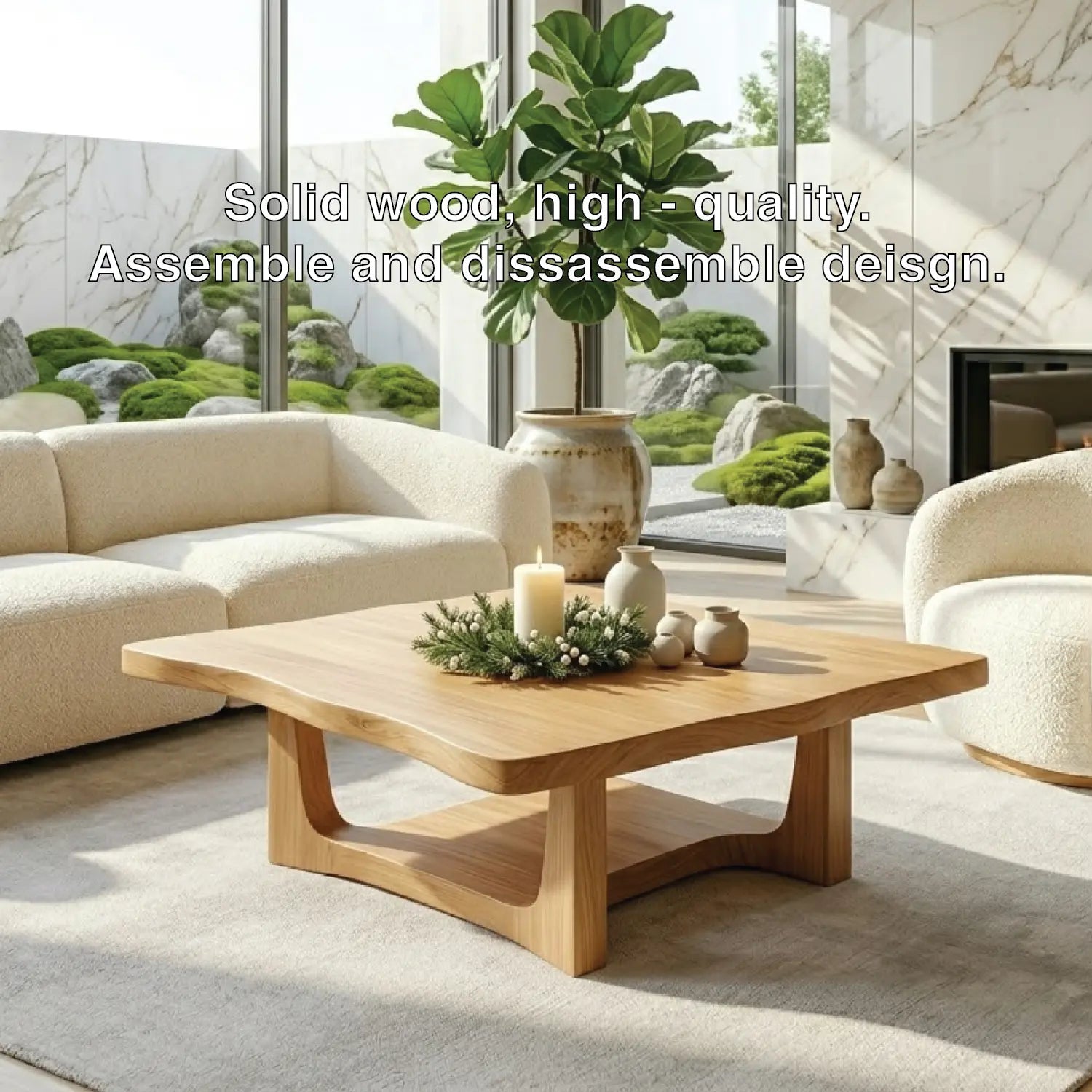 Solid Oak Coffee Table with Curved Edges and Open Base, Modern Japanese Style Living Room Table Kitchnce