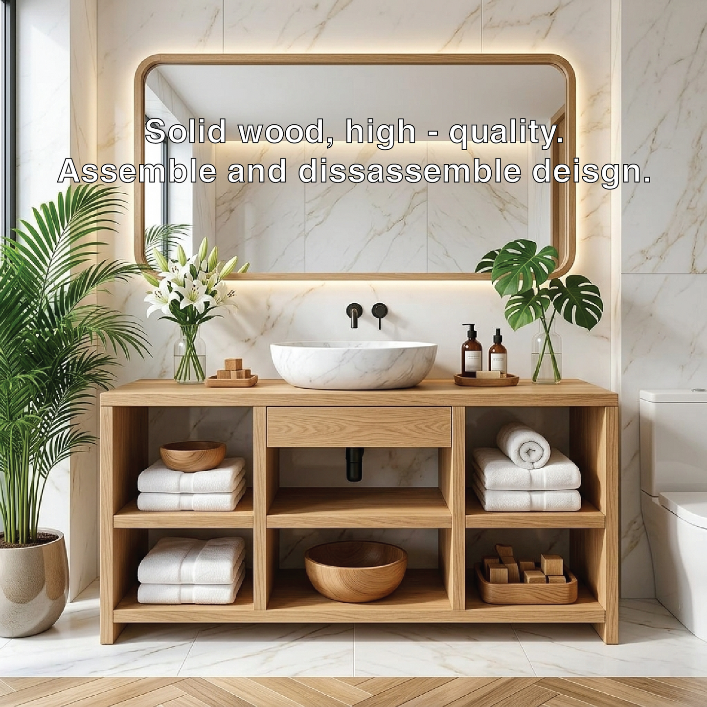 Contemporary Oak Bathroom Vanity with White Marble Sink & Open Shelving Kitchnce
