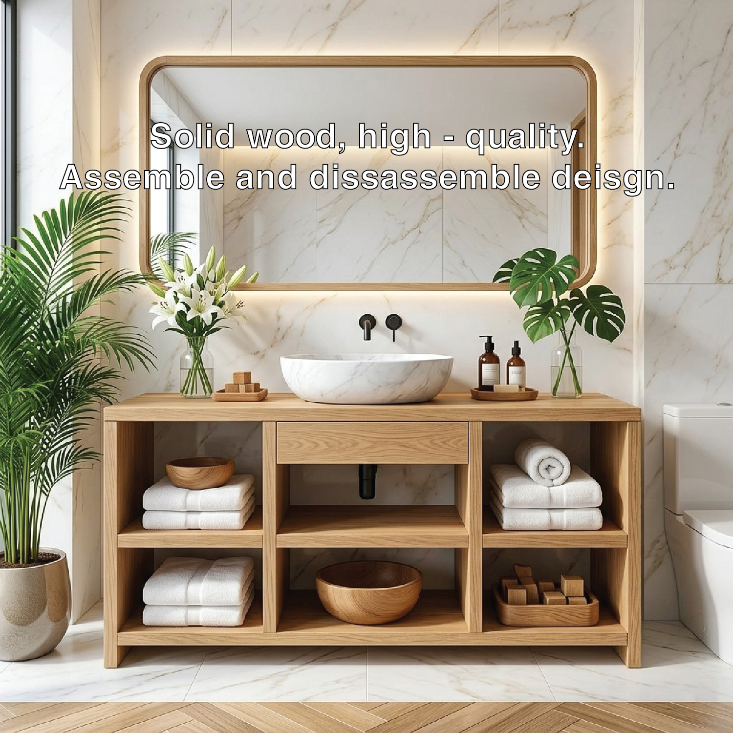 Contemporary Oak Bathroom Vanity with White Marble Sink & Open Shelving Kitchnce