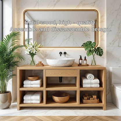 Contemporary Oak Bathroom Vanity with White Marble Sink & Open Shelving Kitchnce
