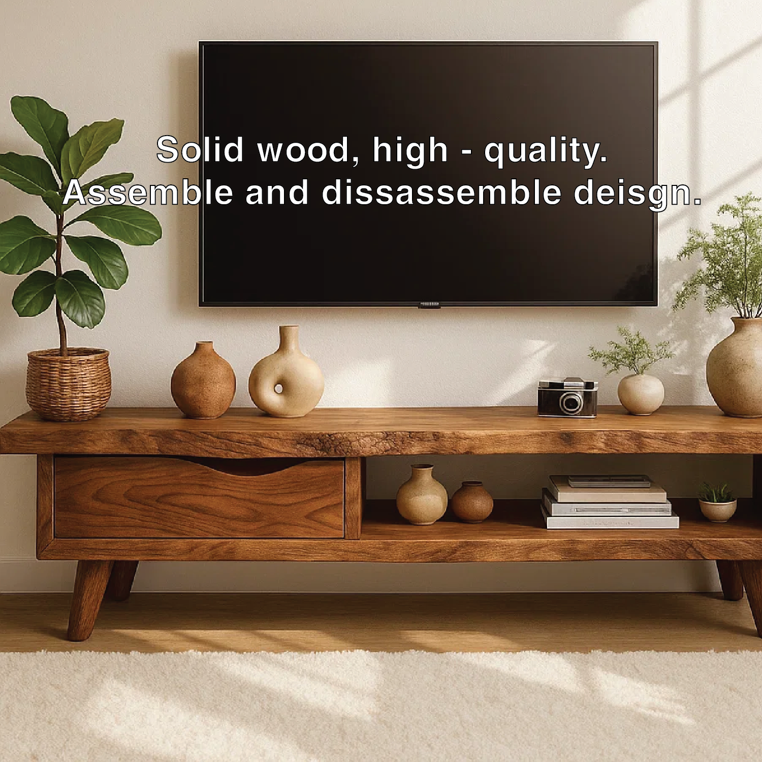 Handcrafted Solid Wood TV Stand with Drawer and Open Shelf, Mid Century Modern Media Console Kitchnce