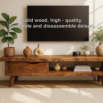 Handcrafted Solid Wood TV Stand with Drawer and Open Shelf, Mid Century Modern Media Console Kitchnce