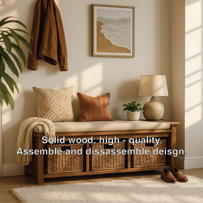 Solid Wood Entryway Bench with Woven Basket Storage, Rustic Hallway Organizer