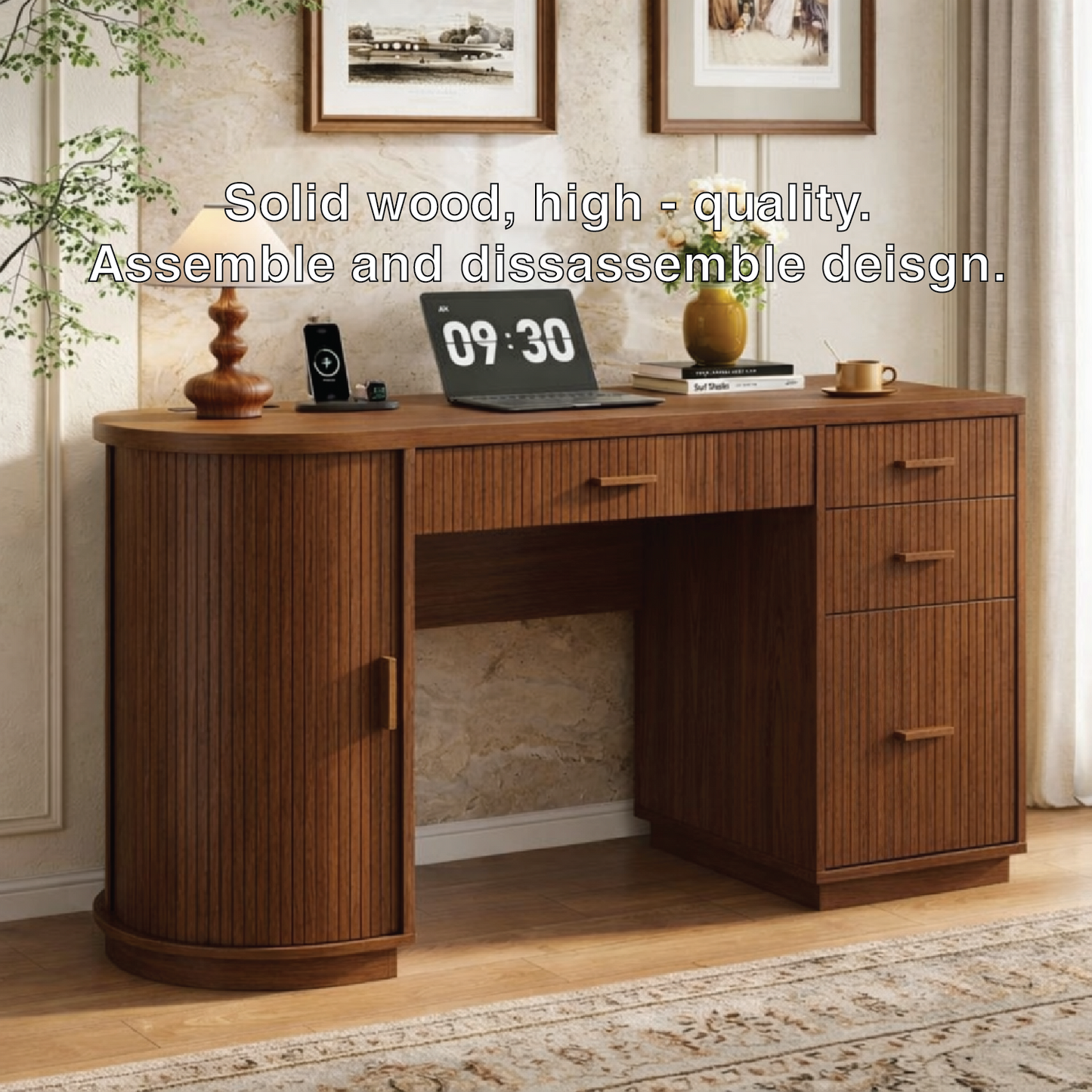 Modern Fluted Executive Desk with Drawers, Curved Cabinet Home Office Writing Table