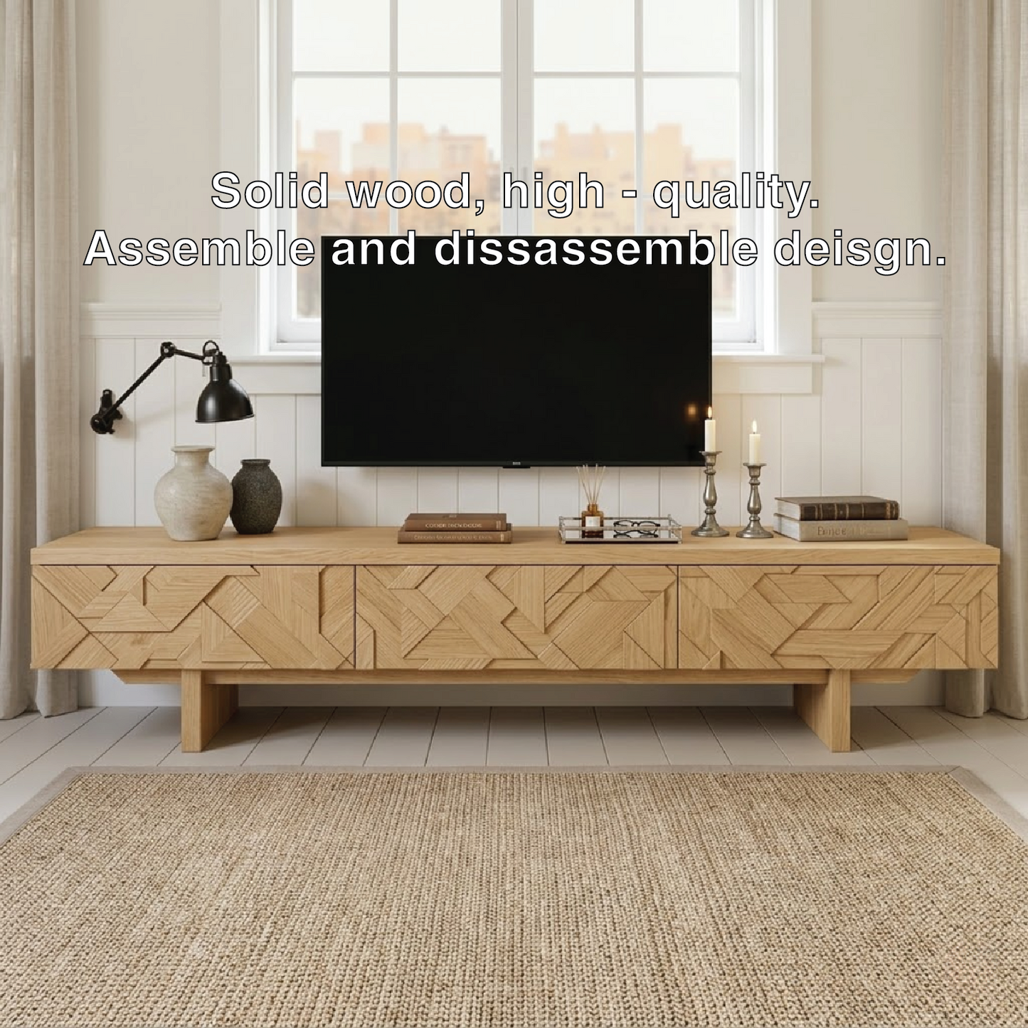 Solid Wood TV Stand with Geometric Doors, Modern Media Console Cabinet