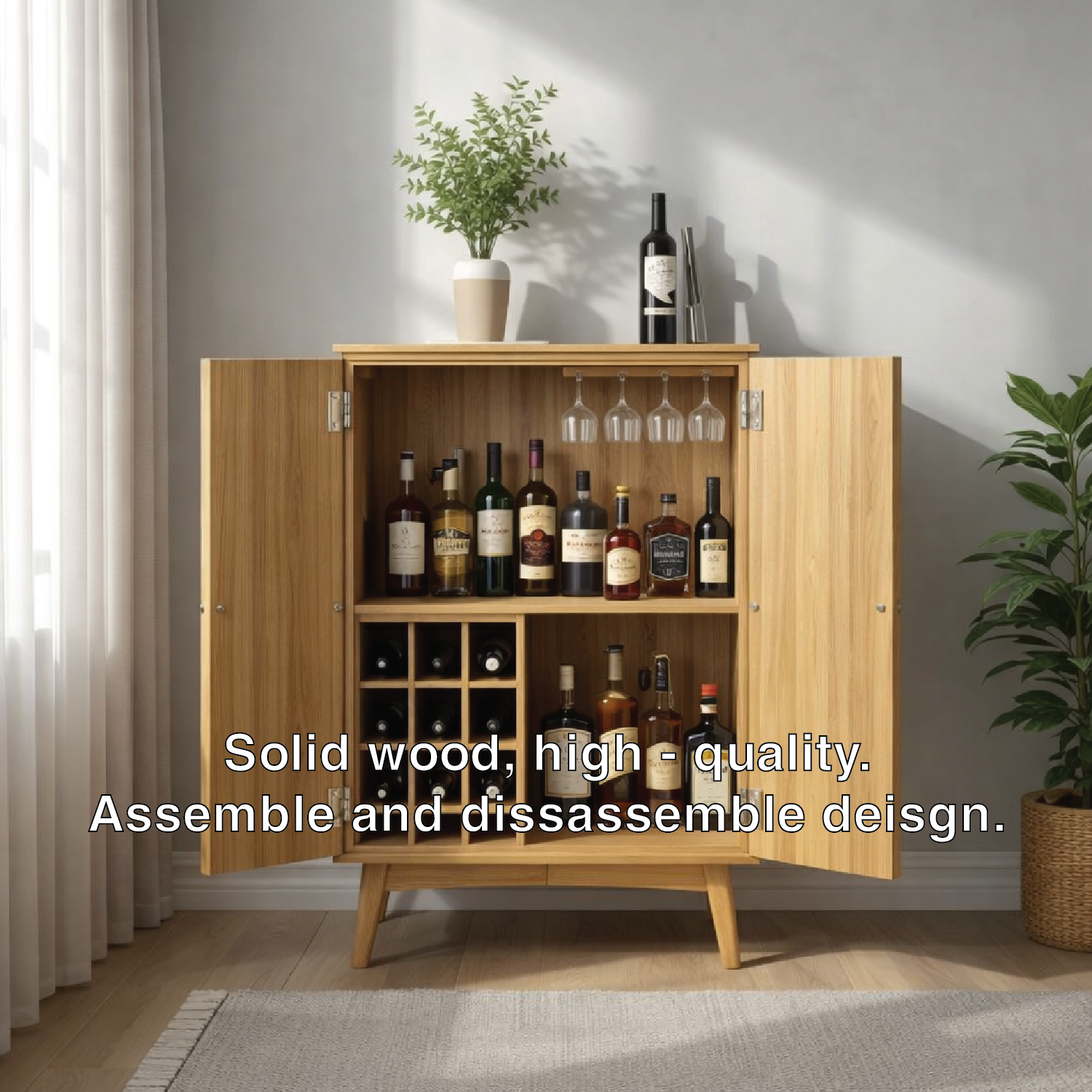 Solid Wood Wine Cabinet with Double Doors and Built-In Bottle Rack