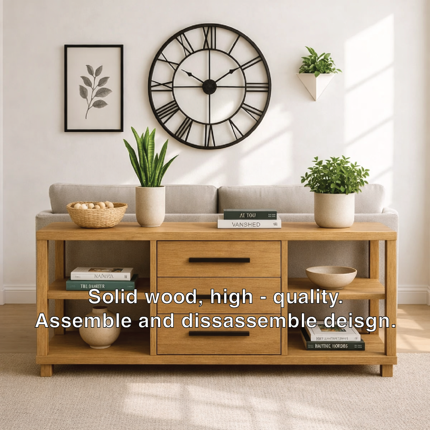 Solid Wood Console Table with Drawers and Shelves, Modern Walnut Entryway Sofa Table Storage Cabinet Kitchnce