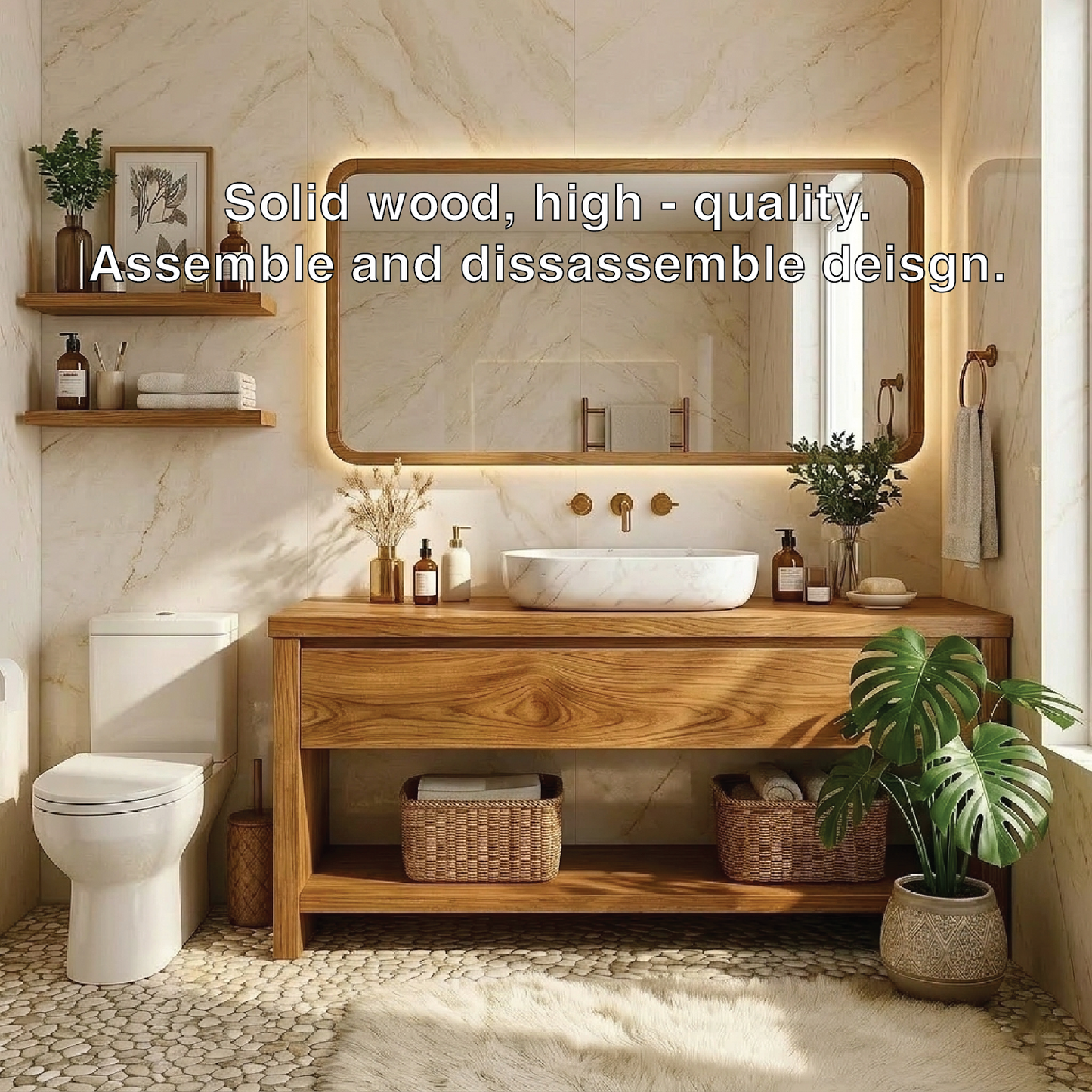 Elegant Oak Bathroom Vanity with Marble Sink & Open Shelves, Modern Design Kitchnce