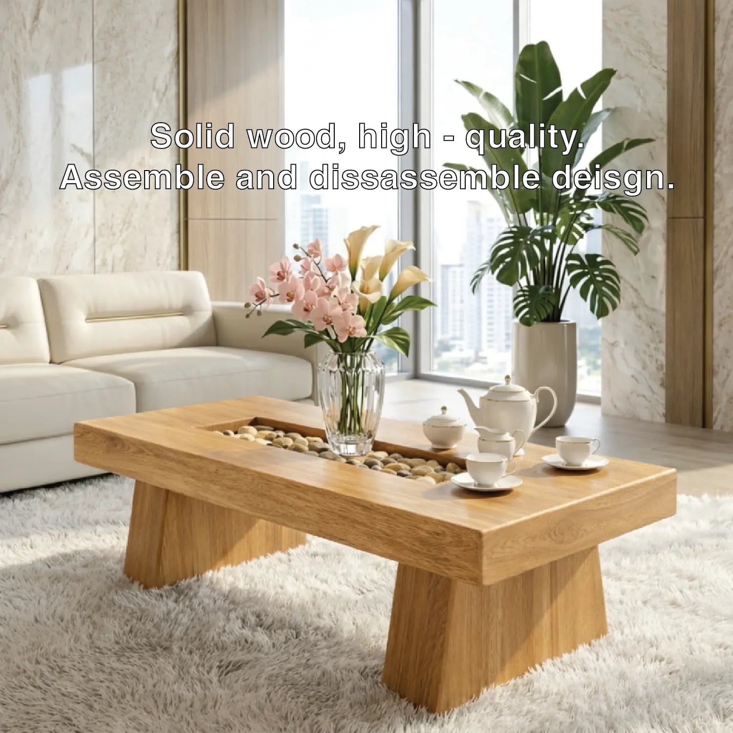 Rustic Wooden Coffee Table with Stone Inlay, Handmade Living Room Furniture Kitchnce