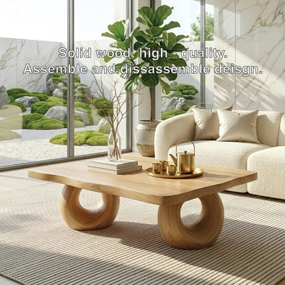 Solid Wood Sculptural Coffee Table with Round Carved Base, Modern Designer Living Room Table Kitchnce