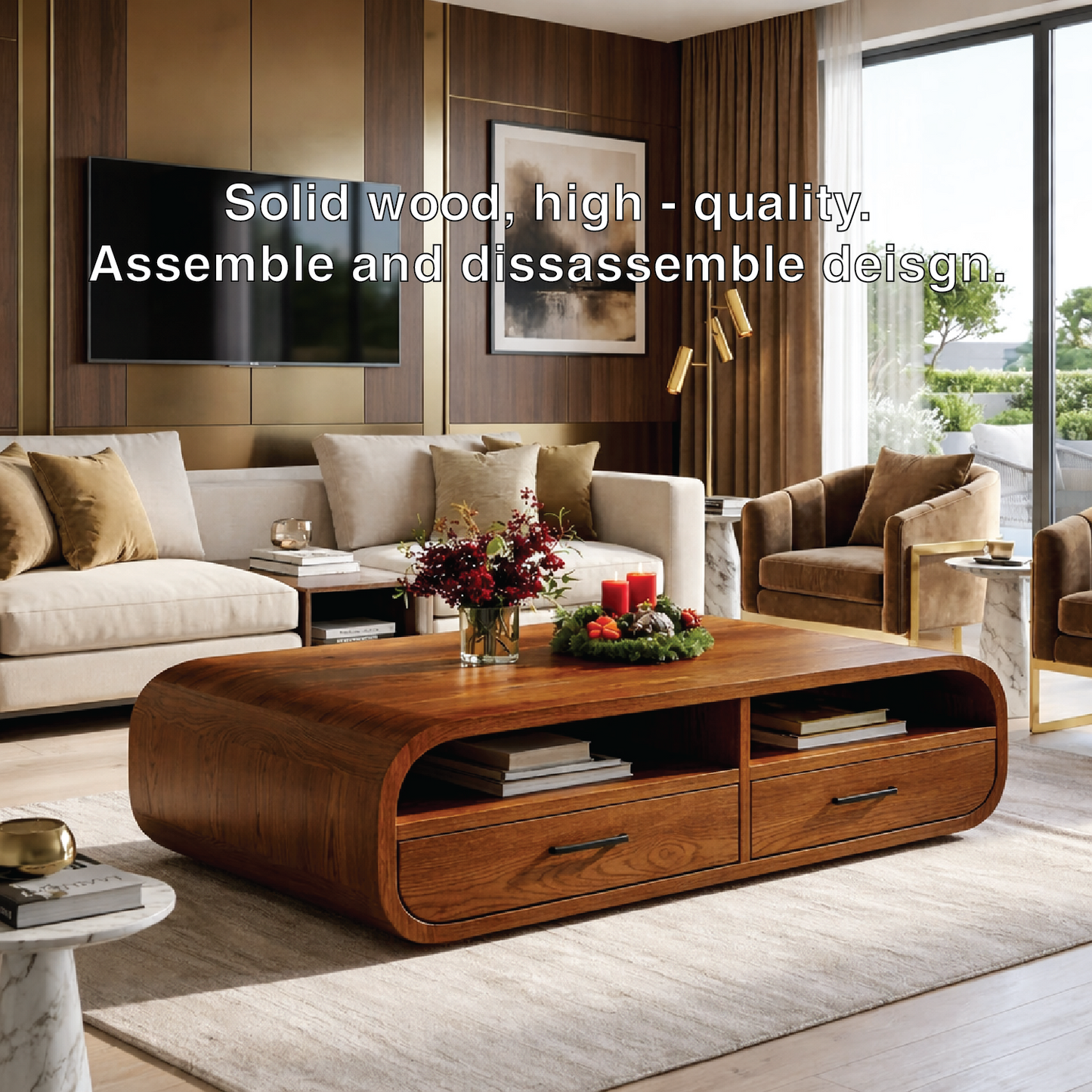 Modern Wooden Coffee Table with Drawers and Storage Space