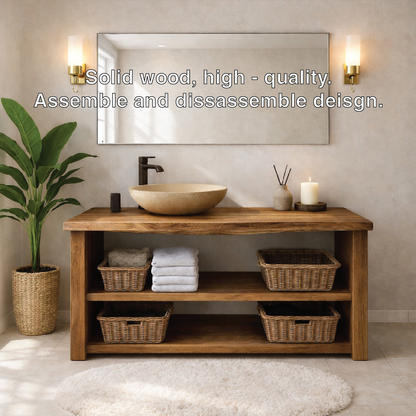 Rustic Wooden Bathroom Vanity with Open Shelves and Modern Faucet Kitchnce