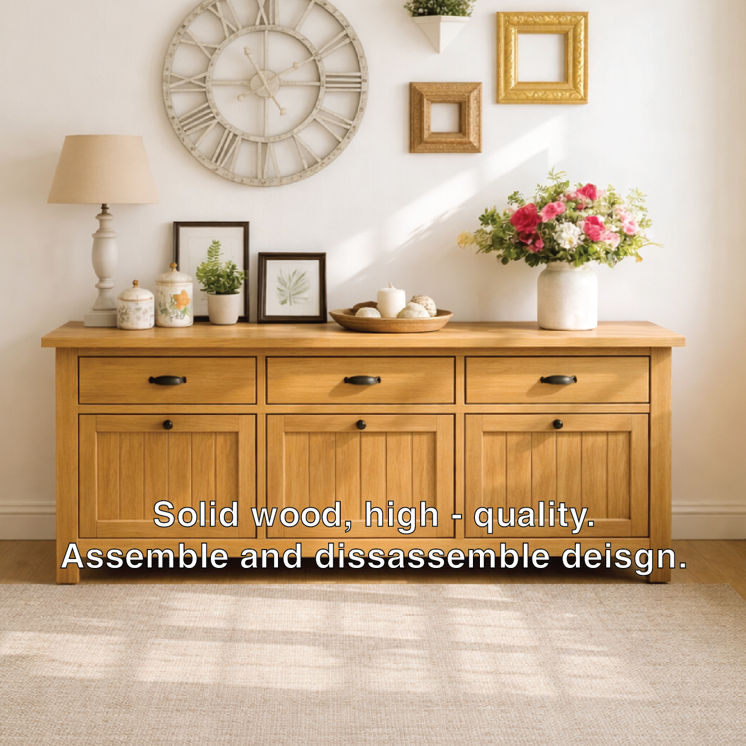 Solid Wood Sideboard Console Table with Drawers and Cabinet, Farmhouse Wood Buffet Storage Cabinet Kitchnce