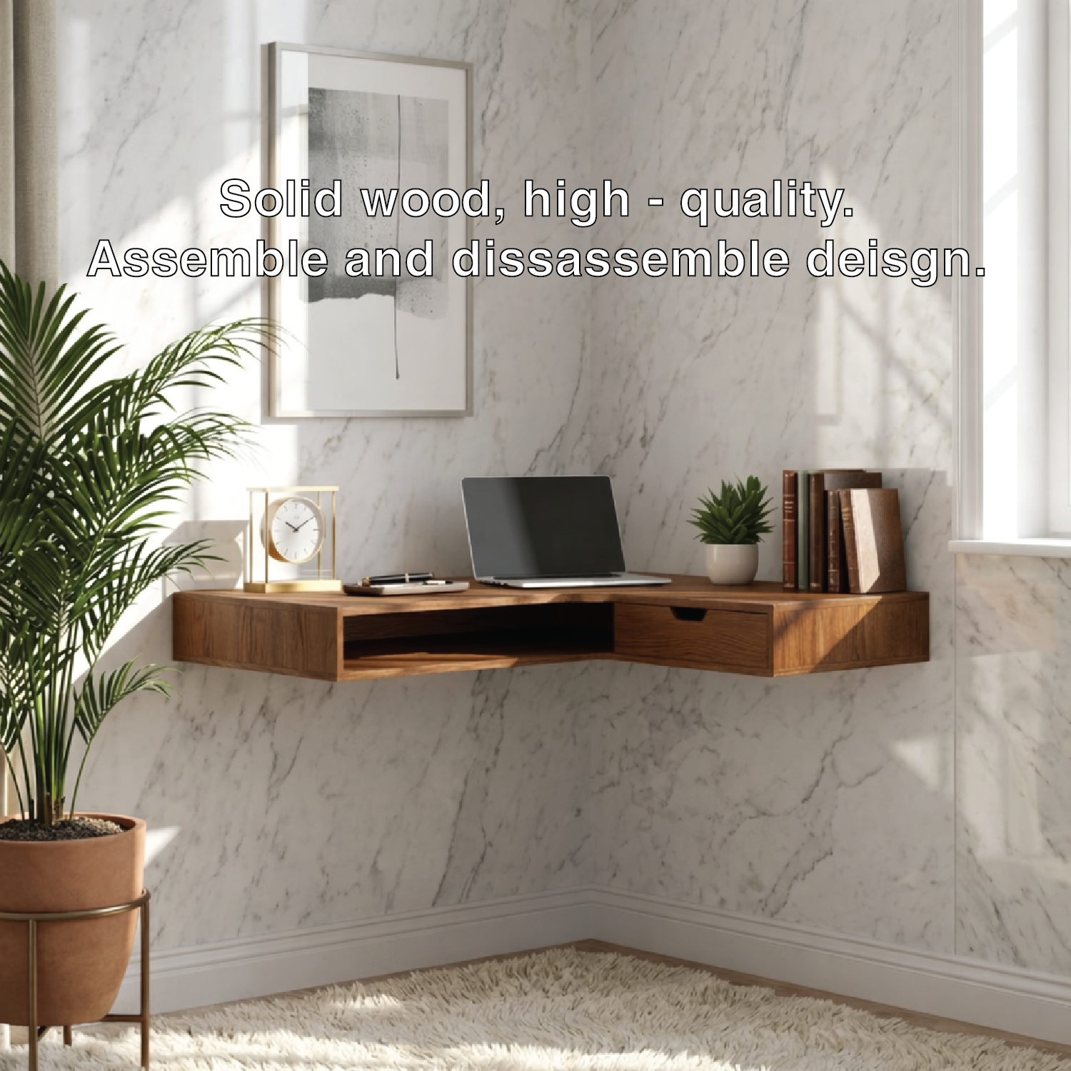 Floating Corner Desk – Slim Walnut Wall Workspace