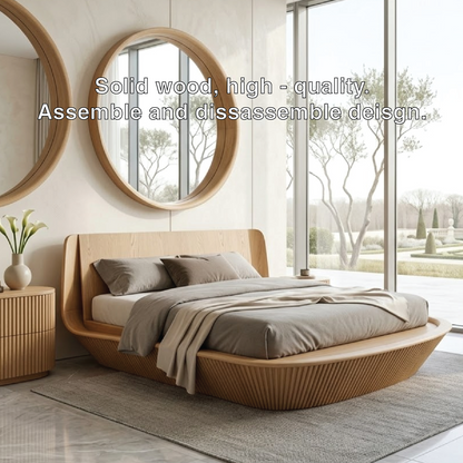 Modern Wooden Bed Frame with Curved Headboard and Low Profile Platform Style
