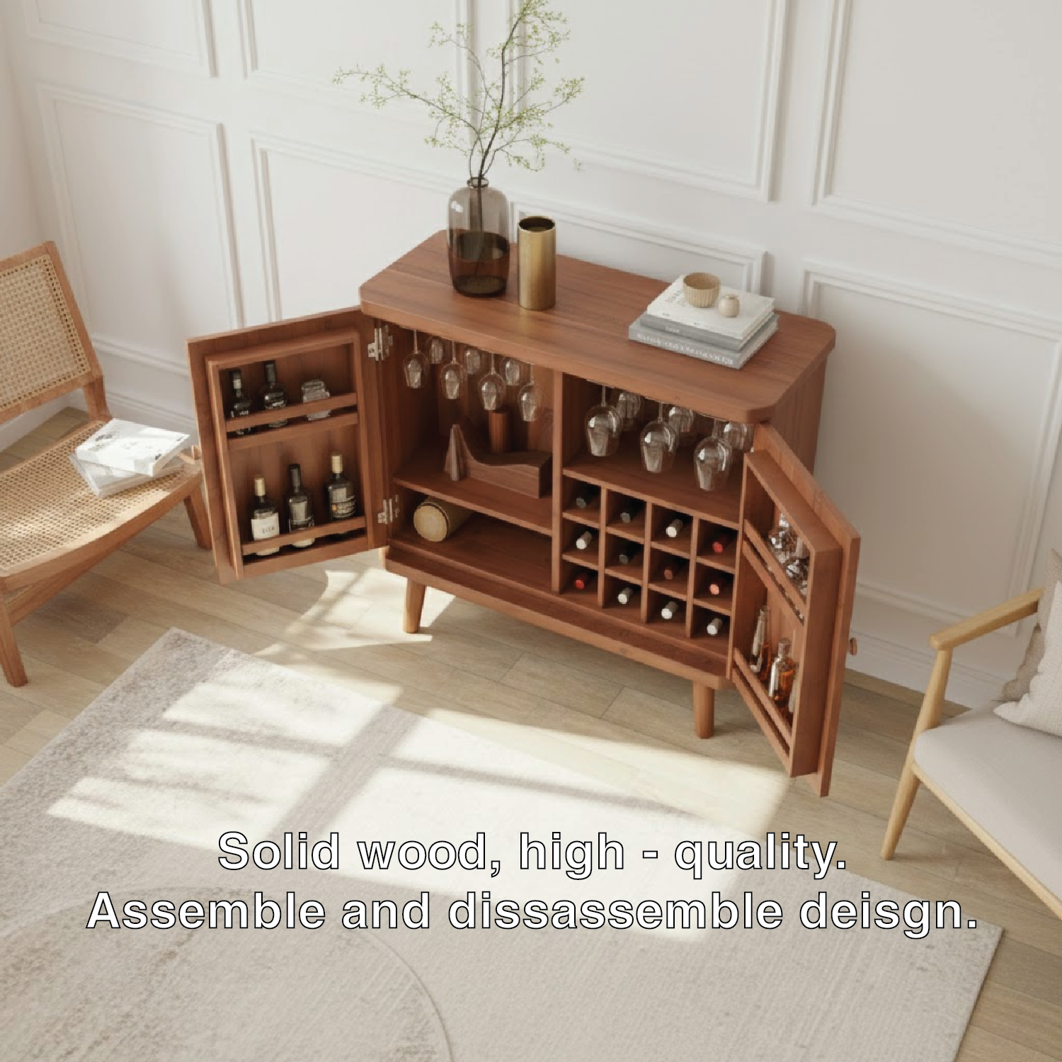 Handcrafted Solid Wood Wine Cabinet Mid Century Bar Sideboard with Glass Rack Storage