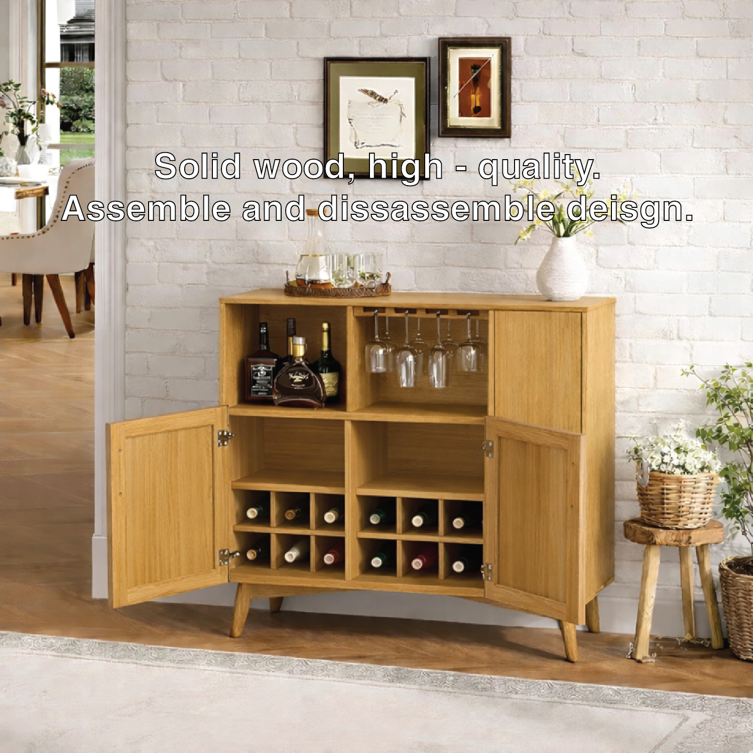 Handcrafted Solid Oak Wine Cabinet Scandinavian Bar Sideboard with Glass Rack Storage Display
