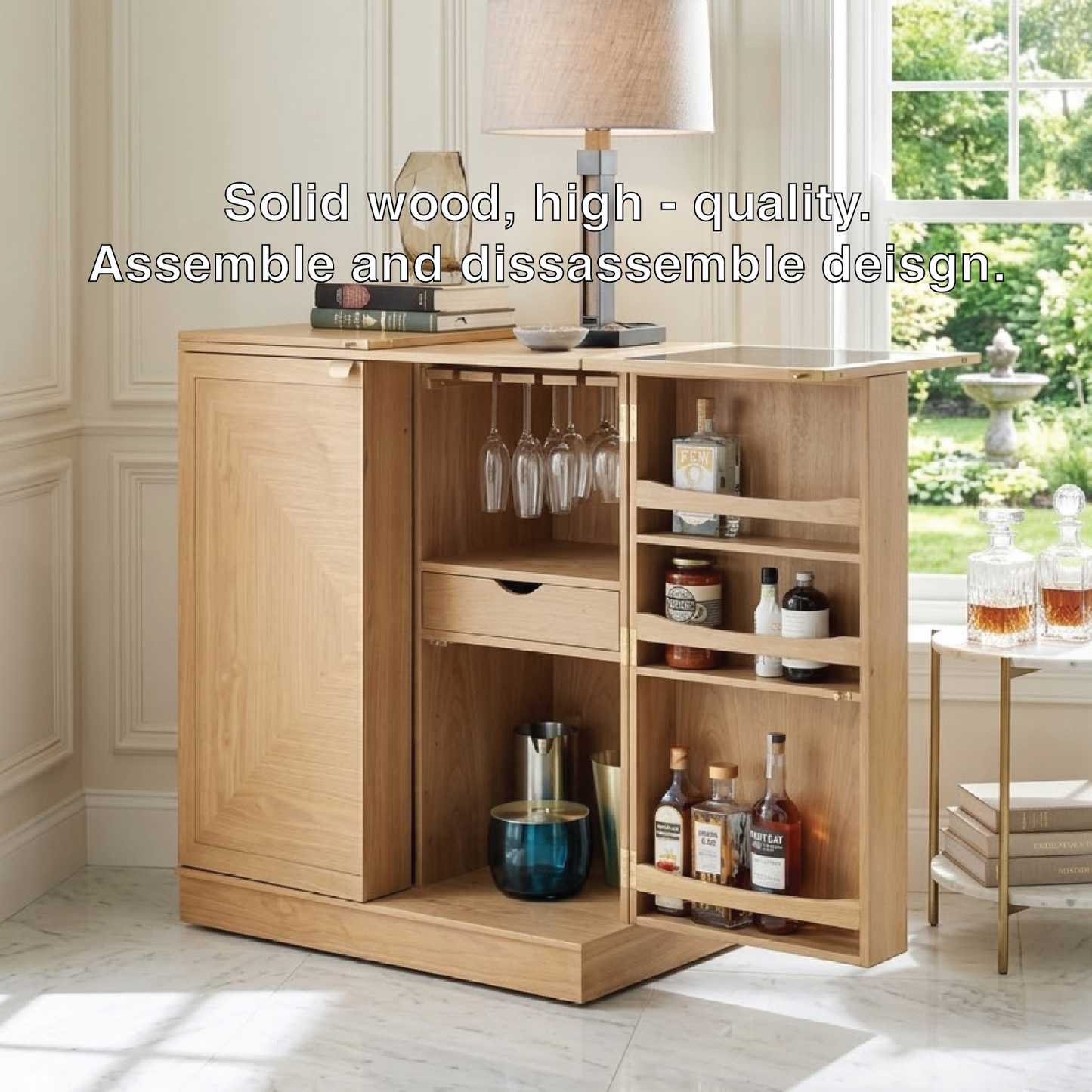 Contemporary Wooden Bar Cabinet, Fold-Out Entertaining Console with Glassware Storage