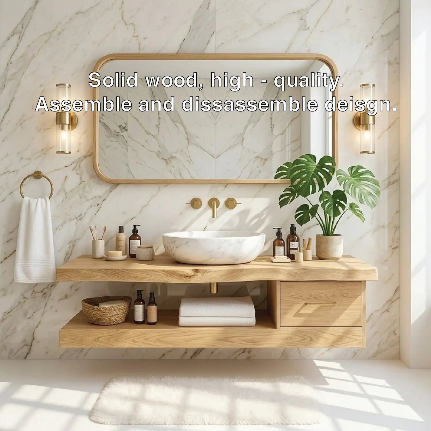 Floating Vanity with Natural Wood and Marble Sink, Modern Bathroom Design Kitchnce