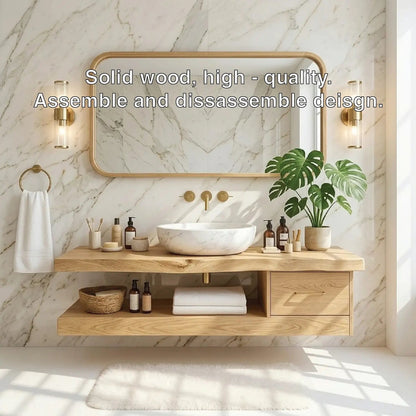 Floating Vanity with Natural Wood and Marble Sink, Modern Bathroom Design Kitchnce