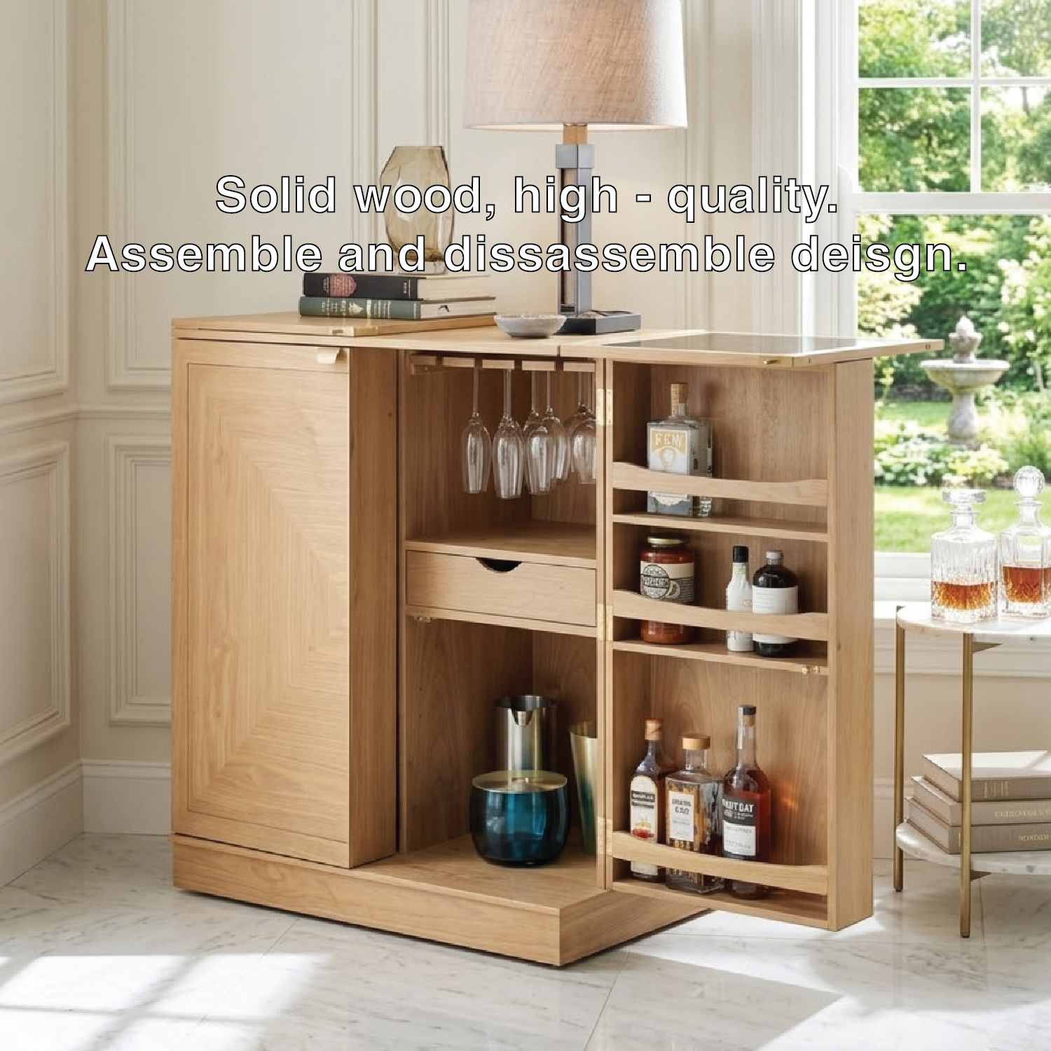 Contemporary Wooden Bar Cabinet, Fold-Out Entertaining Console with Glassware Storage